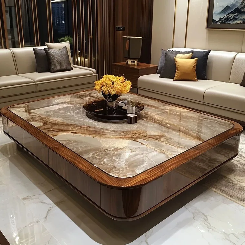 

Large family coffee table New Chinese-style solid wood microcrystalline stone tea table Post-modern household coffee table