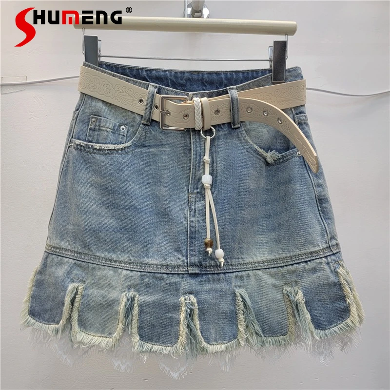 

2026 Spring New Lace Splicing Sexy Girls' Denim Short Skirts Women's Fashion High-Waist Nice Half Skirts Pocket Decoration Skirt