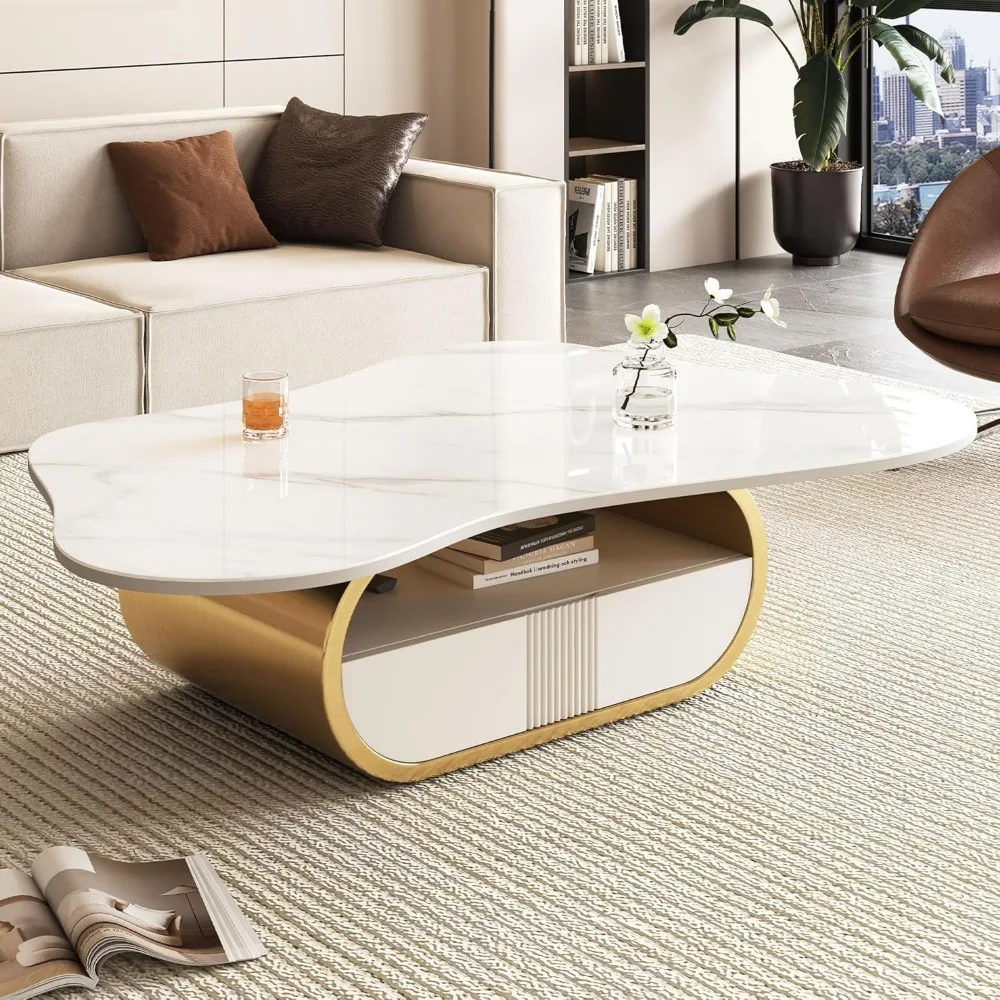 Modern Cloud Coffee Table Luxury Sintered Stone Top Coffee Table with Sculptural Geometric Stainless Steel Base