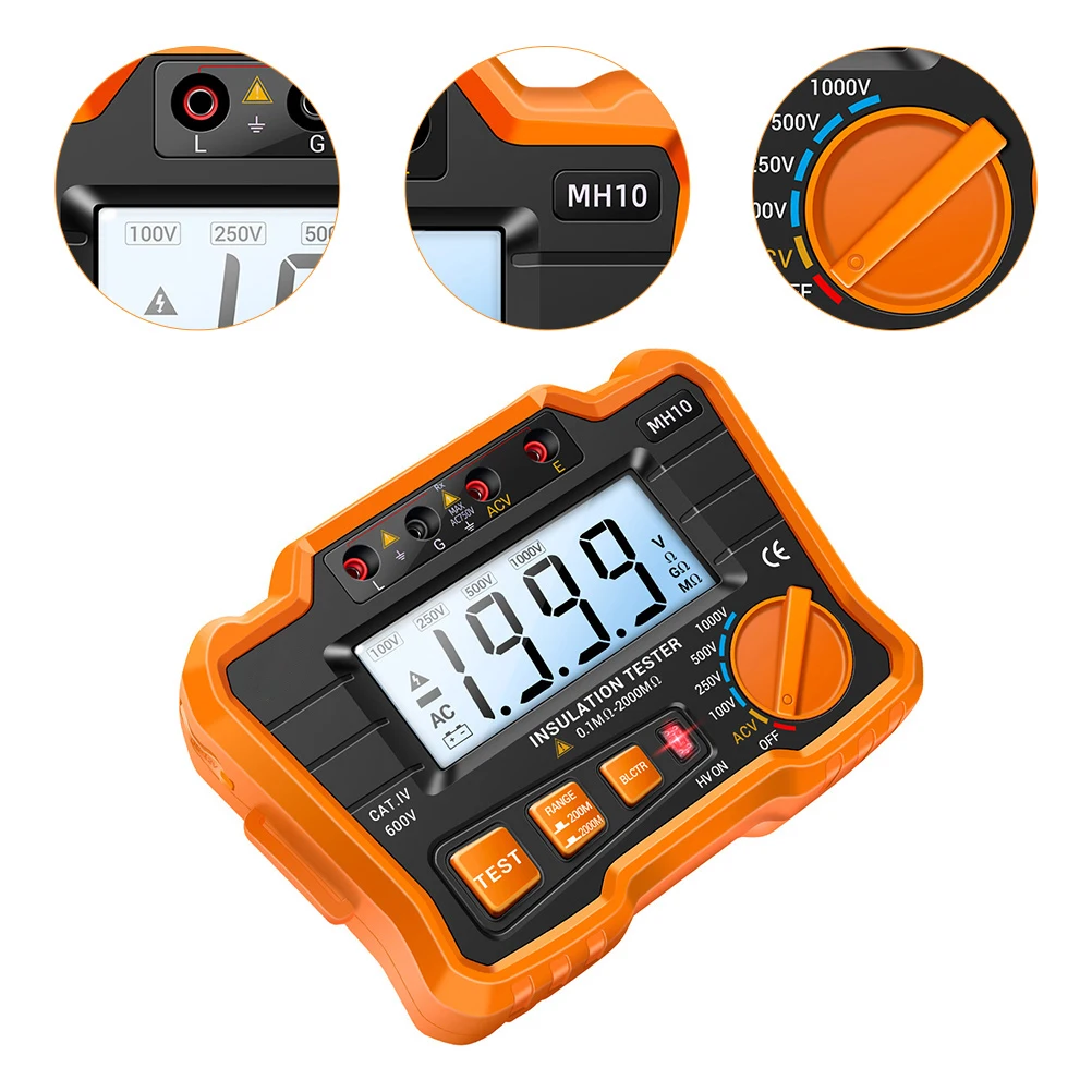 1Set Digital Megohmmeter Insulation Tester LCD Backlight Resistance Meter Smooth Plug Jacks for Electrical Equipment Test