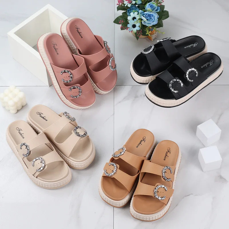 Modische Damen-Sandalen mit dicker Sohle – Flip-Flops mit verstellbarem Riemen, flache Strand-Slipper mit offener Zehenpartie für den Sommer im Freien – Detail 5