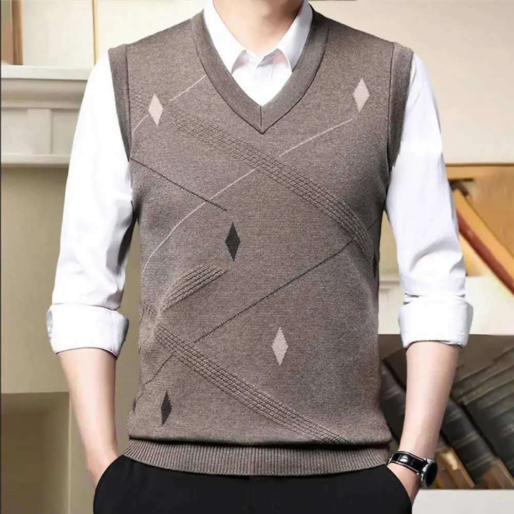 Men Fall Winter Vest Geometric Print V Neck Sleeveless Loose Knitted Vest Thick Warm Soft Pullover Men Spring Sweater Vest