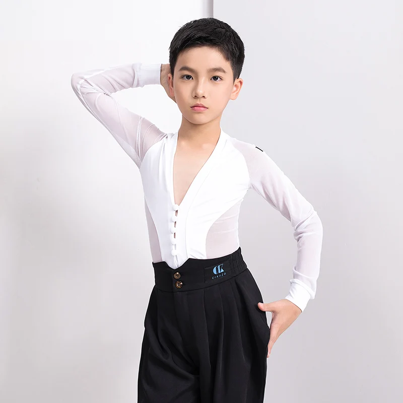 Fashion Latin Dance Costumes For Boys Black Long Sleeve Shirts Bodysuit Ballroom Dancing Clothes Latin Competition Dress DN7115