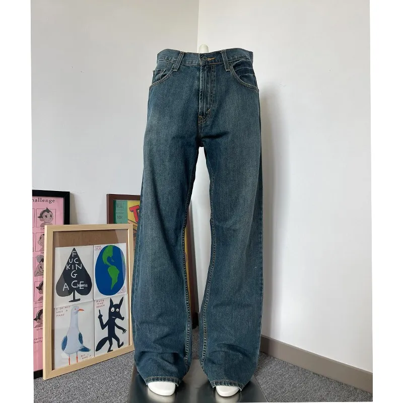 

Deep Blue Straight Leg Men's Jeans Casual Fce Lined Loose Long Trousers Cleanfit Sle Autumn Winter American High Street