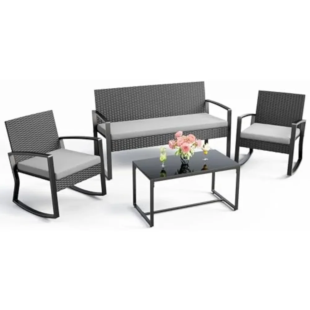 

4 Piece Outdoor Patio Furniture Set, Wicker Patio Furniture with Glass Coffee Table, Rocking Wicker Bistro Set, for Backyard