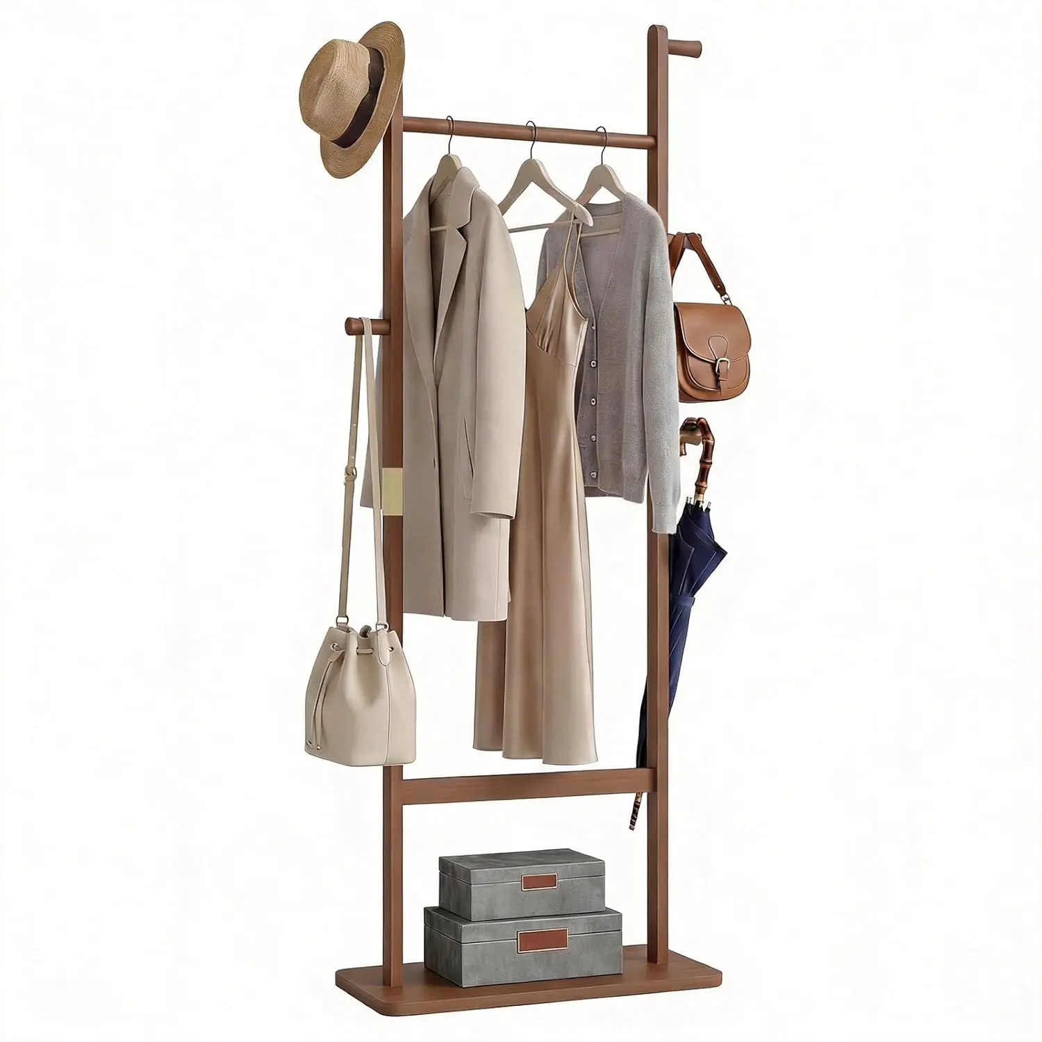 

Solid Wood Coat Rack Freestanding Dual Rods Hooks Space Saving Entryway Organizer 71in Walnut Customized