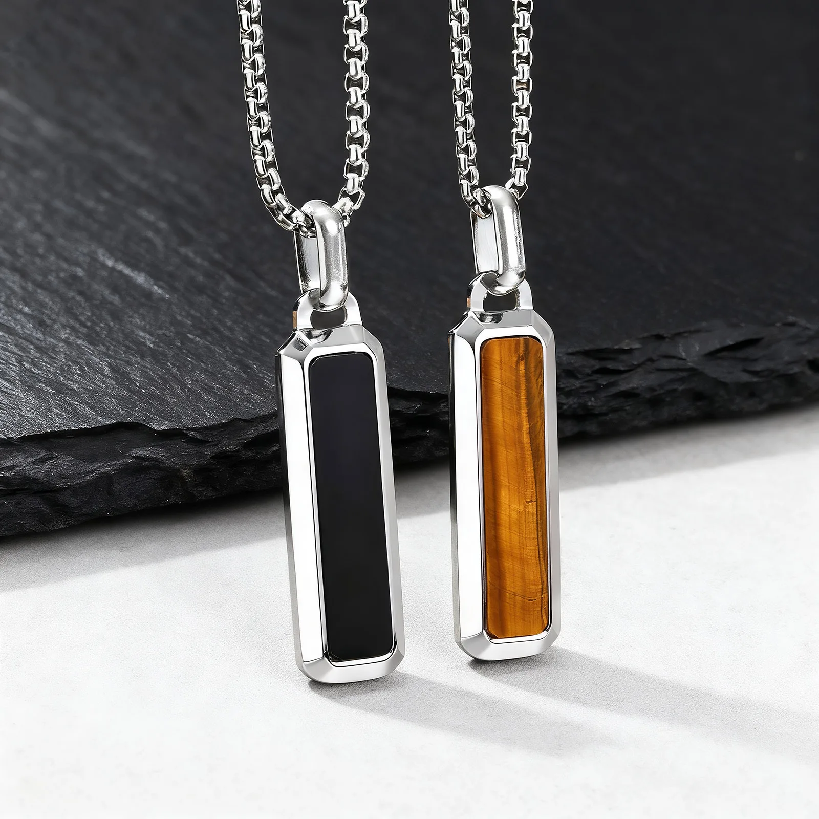 

Natural Stone Geometric Pendant Necklace for Men,Stylsih Stainless Steel Vertical Bar Necklace,Male Jewelry Gift