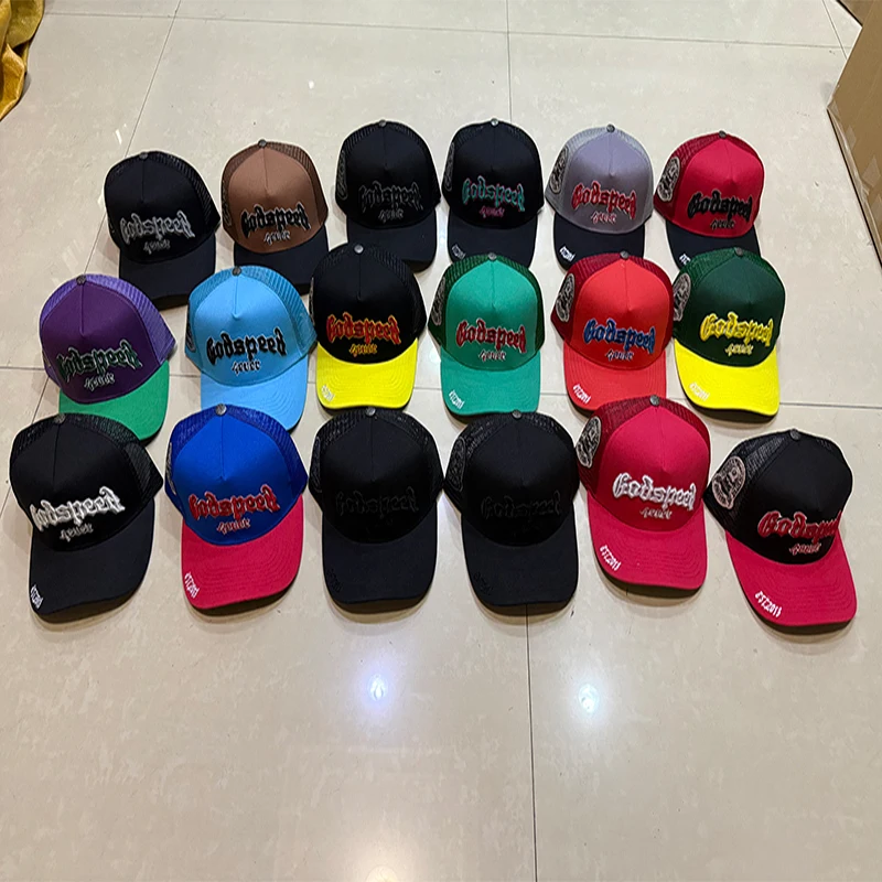 New Arrival God Y2K Speed Adjustable Mesh Trucker Hat Gothic Letter Embroidered Unisex Cap High Quality Fast Delivery