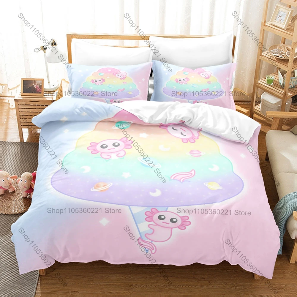 Cool Minimalist Axolotl Aquatic Animal Print Duvet Cover + 2 Pillowcases Soft Microfiber Kawaii Room Bedding Bedroom Decor