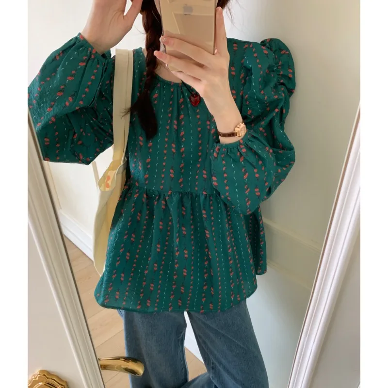 Women Shirts French Style Bubble Sleeve Shirt Retro Floral Loose Printed Loose Casual Cotton Blouses Vintage Korean Fashion Tops