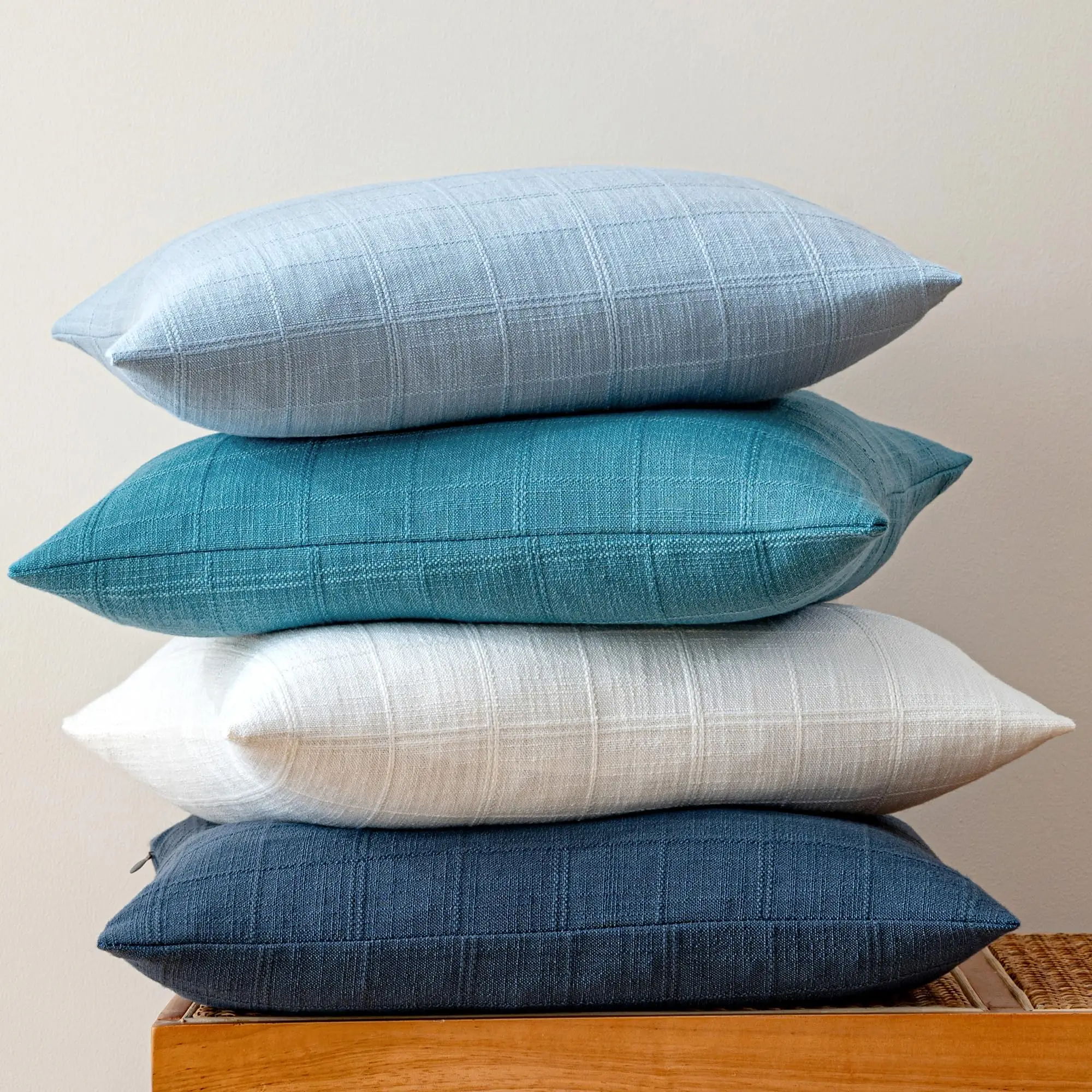 Blue Linen Pillow Covers Decorative Plaid Throw Pillow Covers 18 X 18 Inch, Boho Cushion Soft Neutral Farmhouse Vintage Cozy