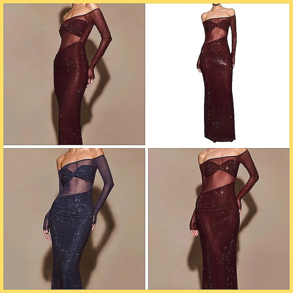 2026 New Women's Evening Dress Off Shoulder Sexy Lace Sequin Slim Fit Party Dress