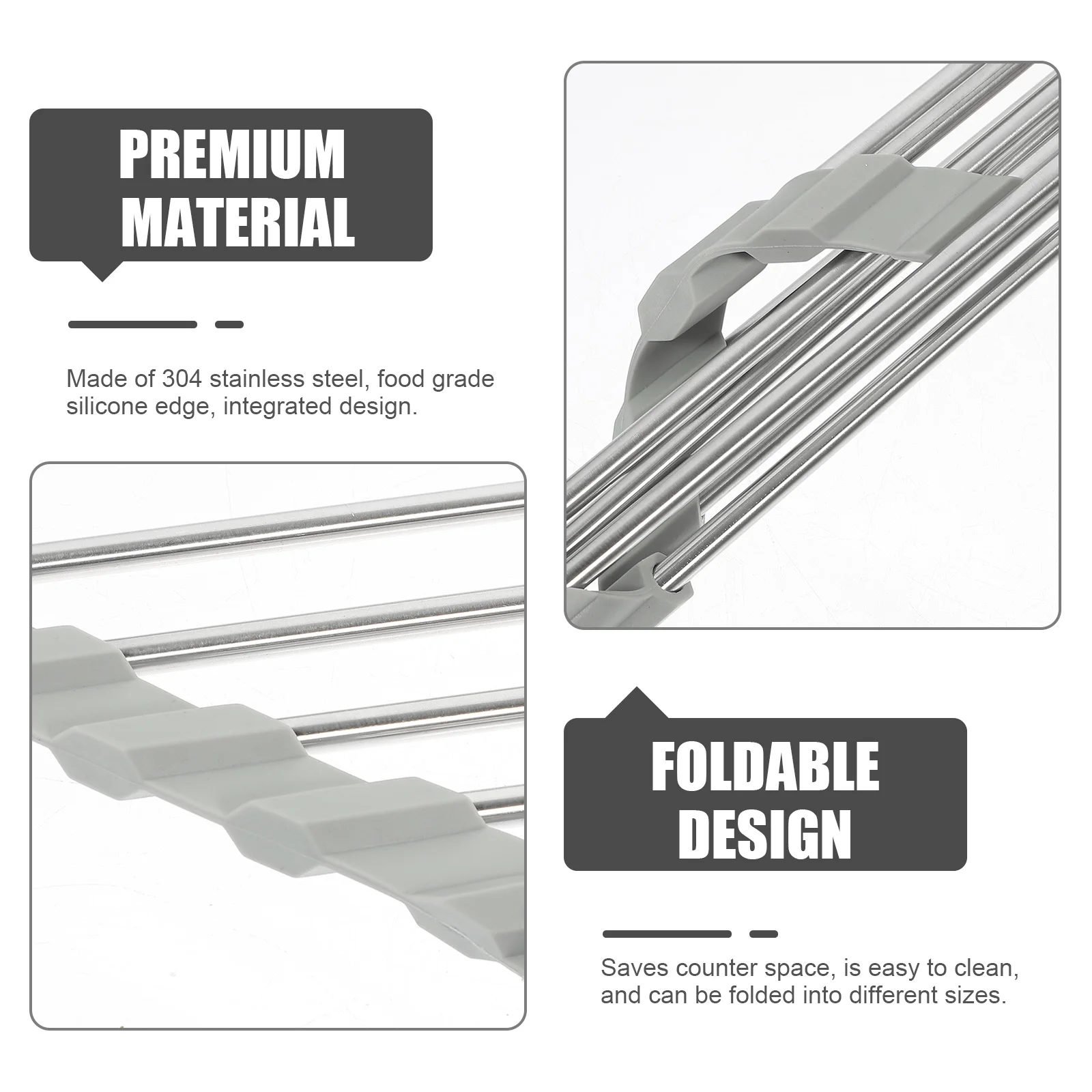 

Cabilock Stainless Steel Foldable Sink Drainer Rack Multi-Purpose Kitchen Storage 41cm X 16cm Food-Grade Silicone Edges