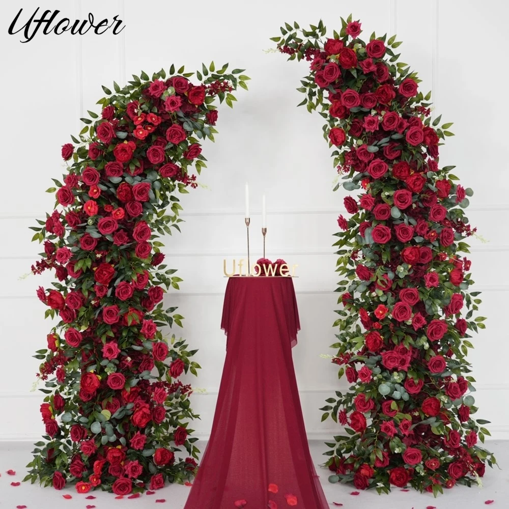 Uflower Red Rose Green Leaves Flower Row Wedding Backdrop Decoration Party Horn Arch Frame Floral Arrangement Window Display