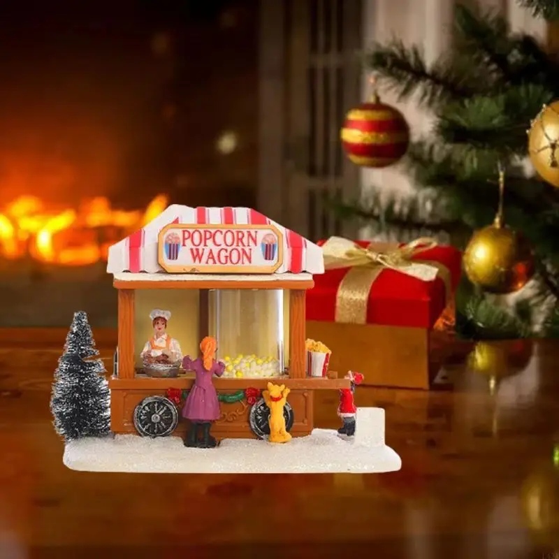 L43A Christmas LED Lighted House Resin Wagon Ornament Musical Animated Dining Car Village Scene Xmas Party Decoration