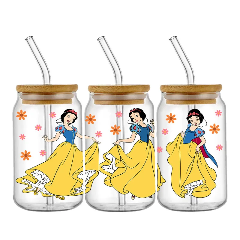 White Snow Princess Love Pattern UV DTF Transfer Sticker Waterproof Transfers Decals For 16oz Glass Cup Wrap Stickers