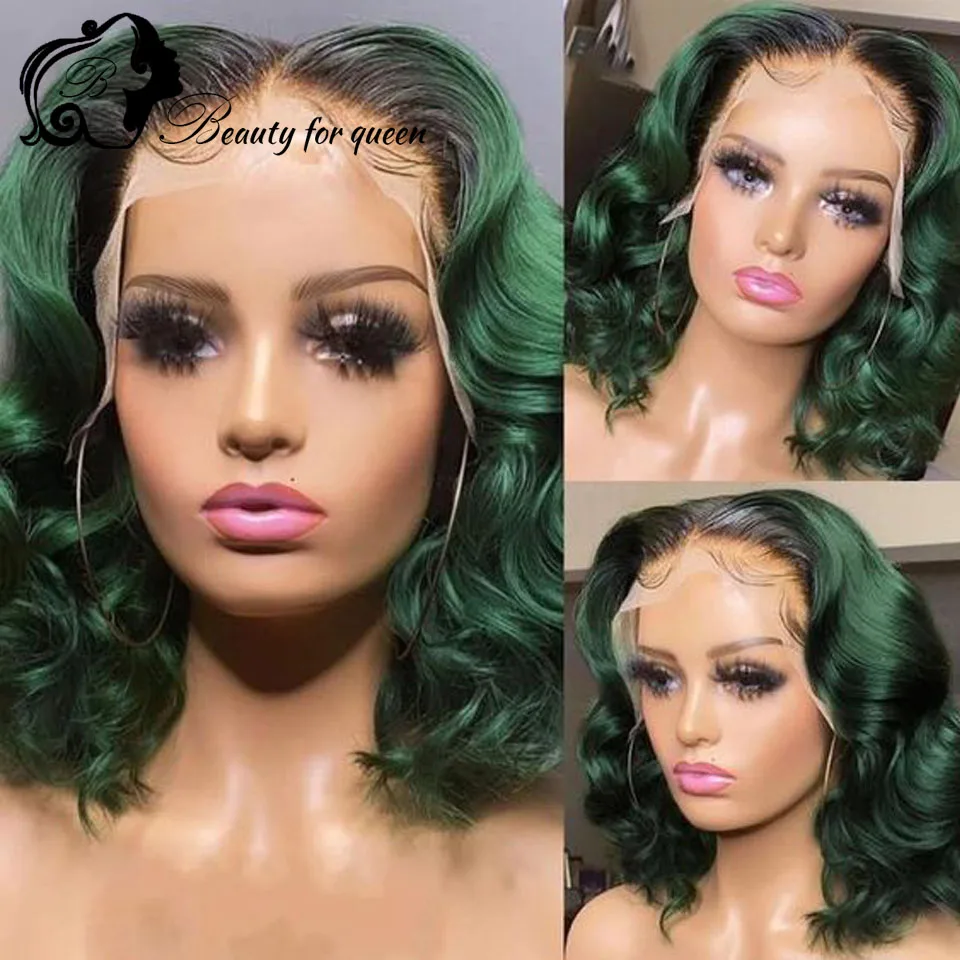 

1b Короткий парик зеленого цвета 13x4 Парики из натуральных волос на кружеве Плотность 180% Парик фронтальной части шнурка Предварительно сорванный волнистый парик Боб