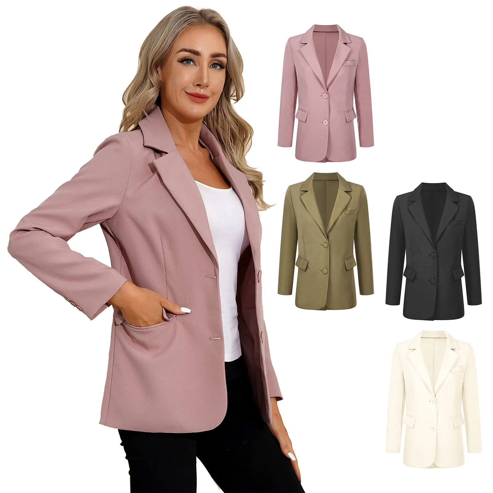 Women Casual Loose Long Blazer Long Sleeve Notch Lapel Two-Button Flap Pockets Blazer Outerwear