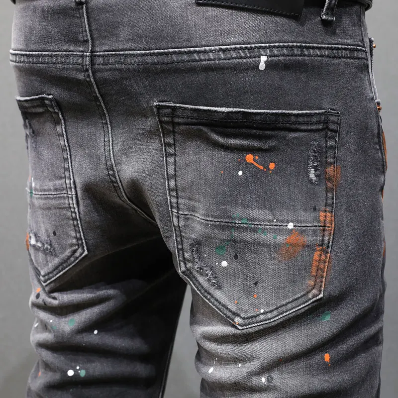 Street Fashion Men Jeans Retro Black Gray Stretch Skinny Fit Patched Ripped Jeans Men Painted Designer Hip Hop Brand Denim Pants