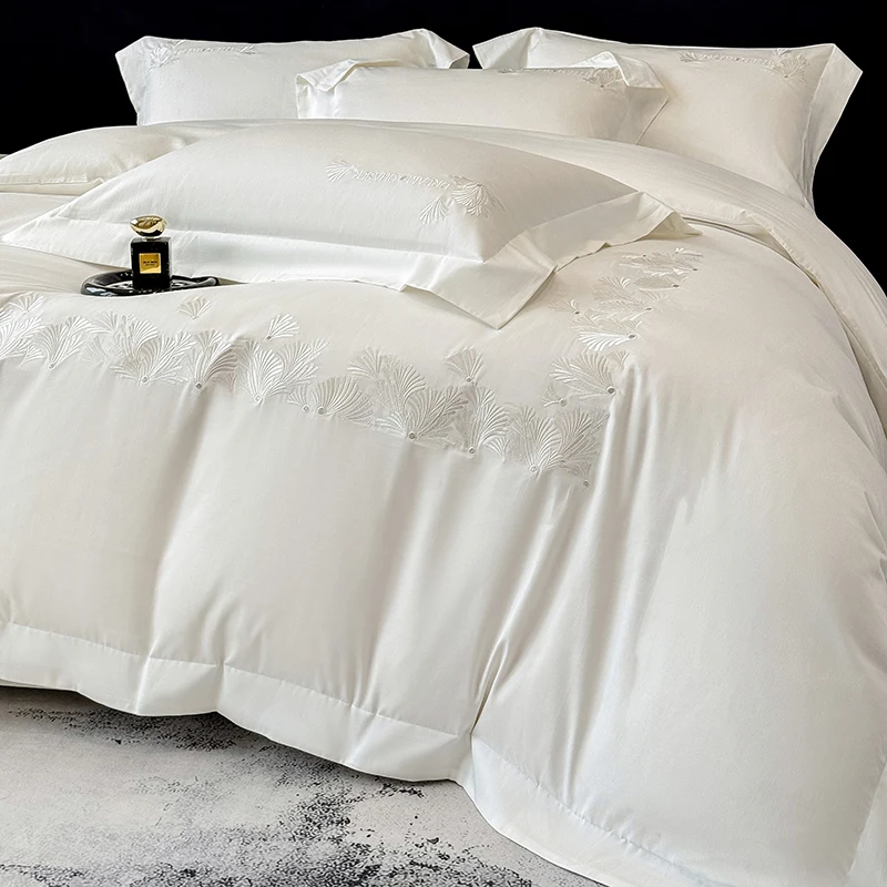 

Luxury Embroidery Solid Color Premium Egyptian Cotton Queen King Bedding Set Duvet Cover Flat/Fitted Bed Sheet Pillowcases 4Pcs