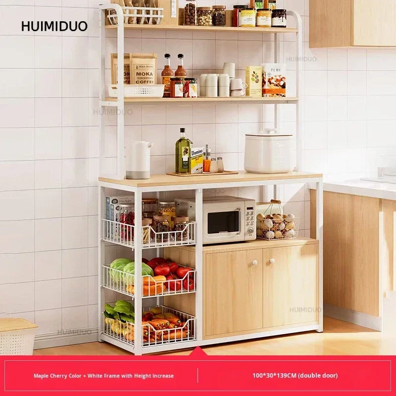 Floor-standing Metal Kitchen Cabinet with Multi-layer Storage Rack Multi-function Tableware and Microwave Storage