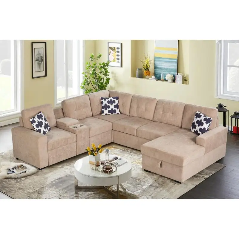 Multifunctional Modular L-Shaped Sectional Sofa with Cup Holders, Hidden Storage, and Convertible Seating Design for Modern