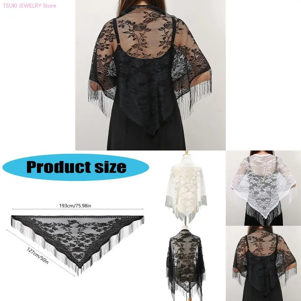 

62KE Lace Flower Pattern Shawl Comfortable Sheer Shoulder Wrap Triangular Shawl for Trendy Women All Age Vacation Casual Wear