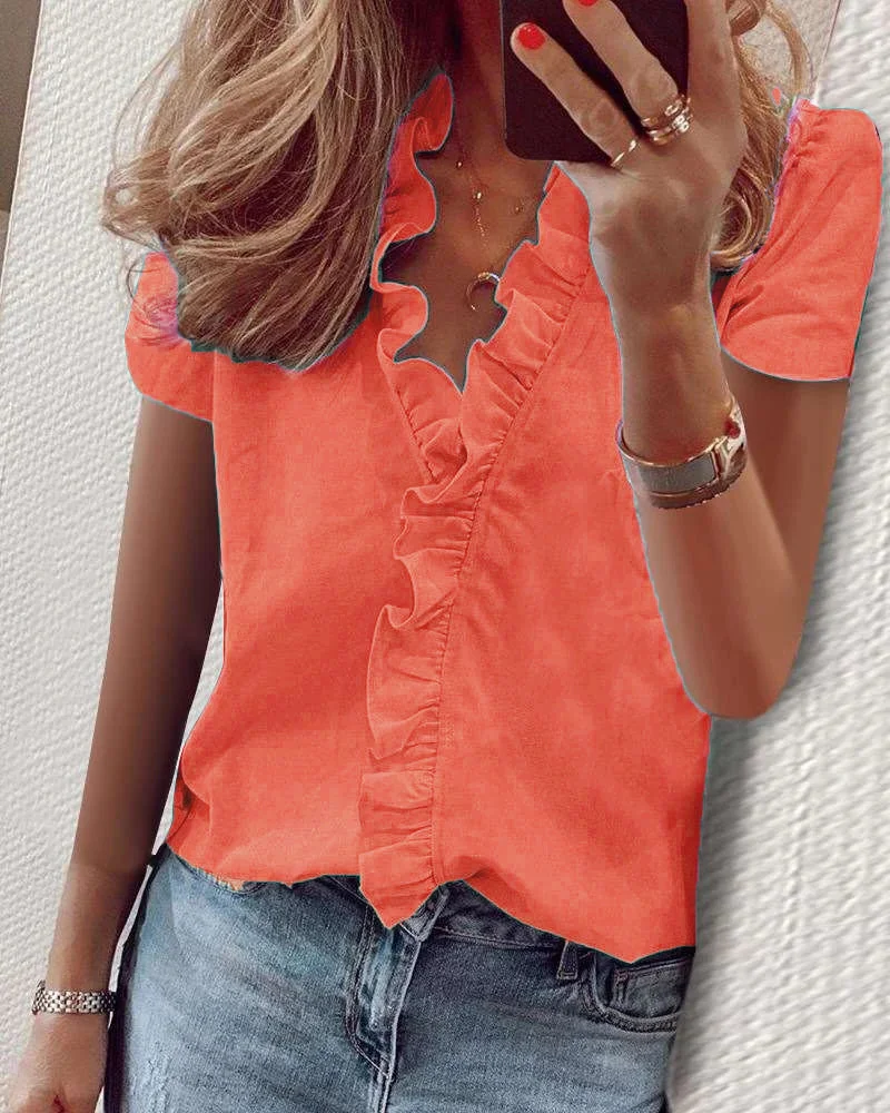 Spring Summer Short Sleeve Womens Tops Shirts Casual Ruffles V-Neck Office Blouses Ladies Camisas De Mujer Elegant Women Shirts