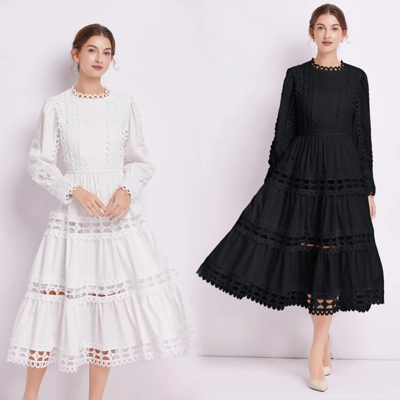 Women Elegant Long Sleeve Hollow Out Lace Patchwork Dress