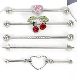Heart-Shaped Zircon Crystal Cherry Stainless Steel Industrial Barbell Earrings 14g Industrial Tragus Cartilage Ear Stud Jewelry