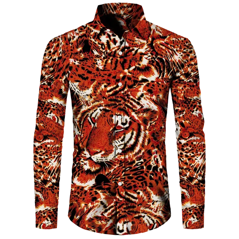 3D Printed Tiger Men\'s Turn-down Collar Button Shirt Chinese Style Vintage Long Sleeve Tops Hawaii Party Streetwear Shirts Tees