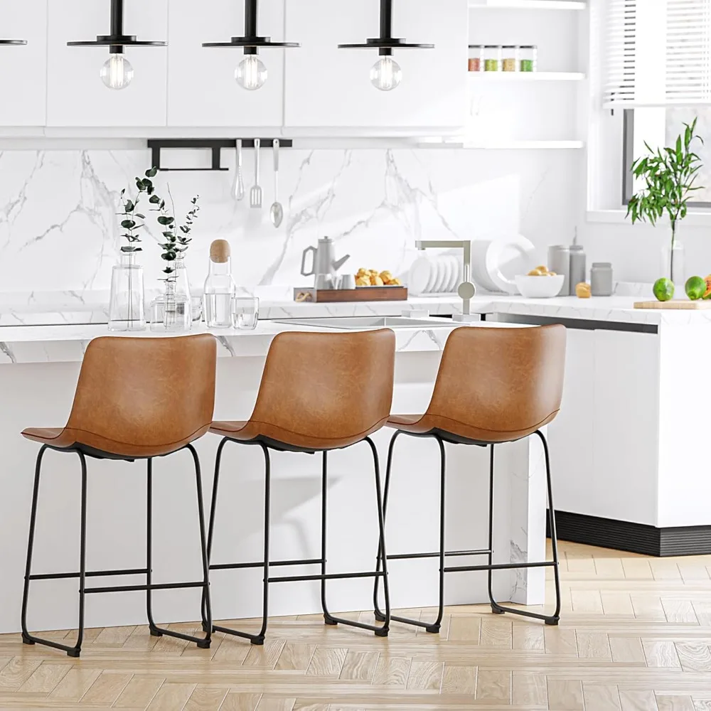 Bar Stools Set of 4, PU Leather Counter Height Bar Stools, 26" Modern Bar Stools with Metal Legs and Footrest, Urban Armless