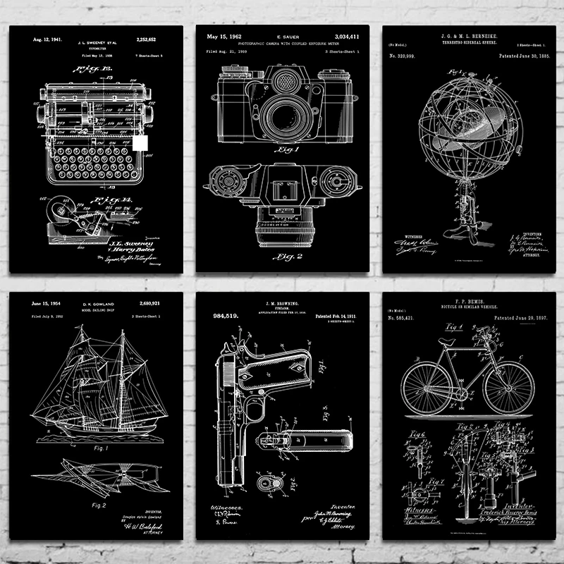 Patent Black  And White poster  Vintage Musical Instruments Sports Equipment Gun Drawing Canvas Printing Poster Home Room decor