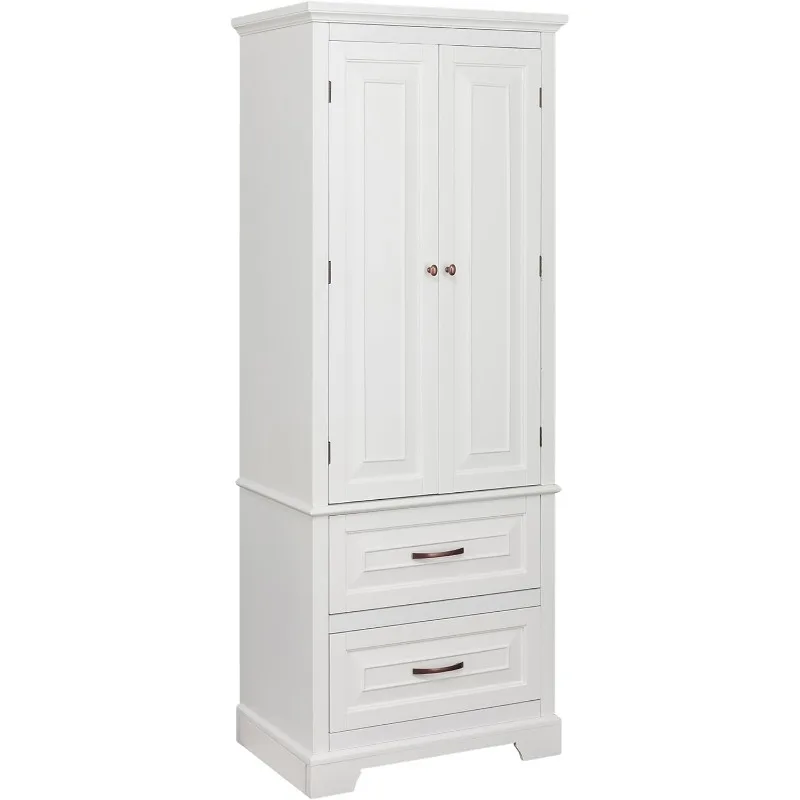 2 Door Linen Cabinet St. James Collection with Crown Molding, 2 Drawers, & Bronze Hardware, Narrow Bathroom Storage Cabinet