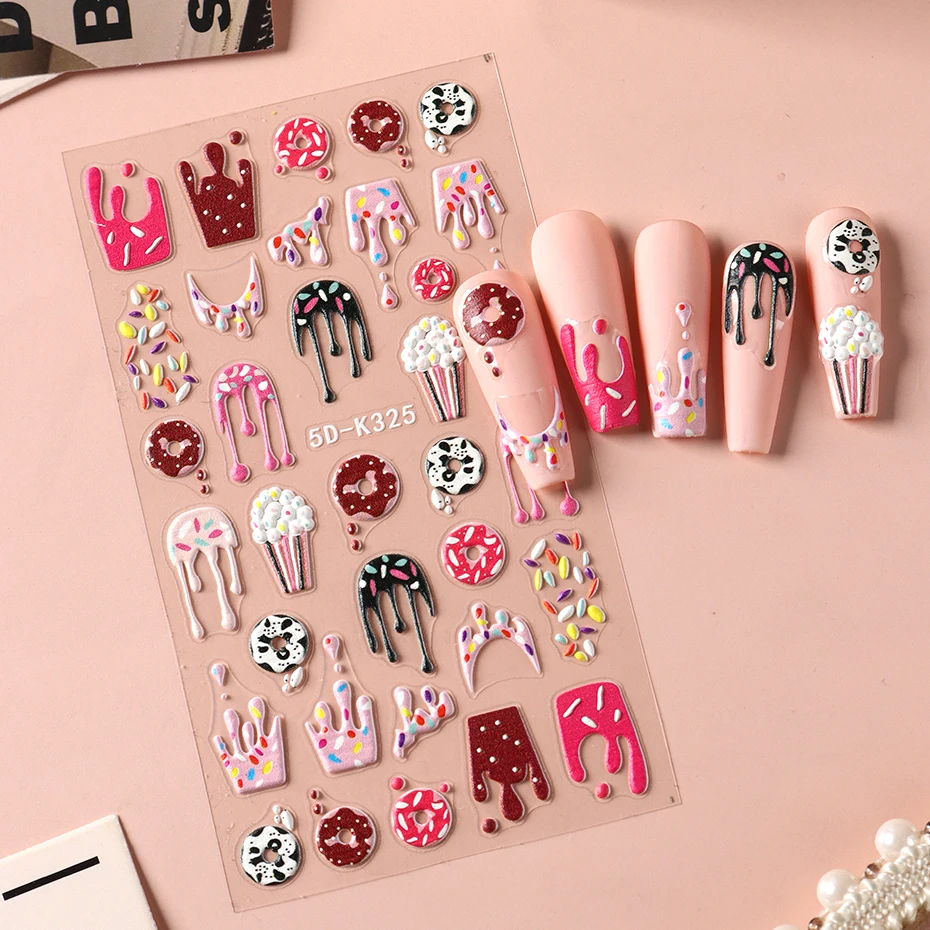 Autocollants pour ongles, crème glacée au chocolat, beignet, pop-corn 3D, Dessert sucré, Dessert d'été, décalcomanies pour manucure, décoration Nail Art, 2 pièces