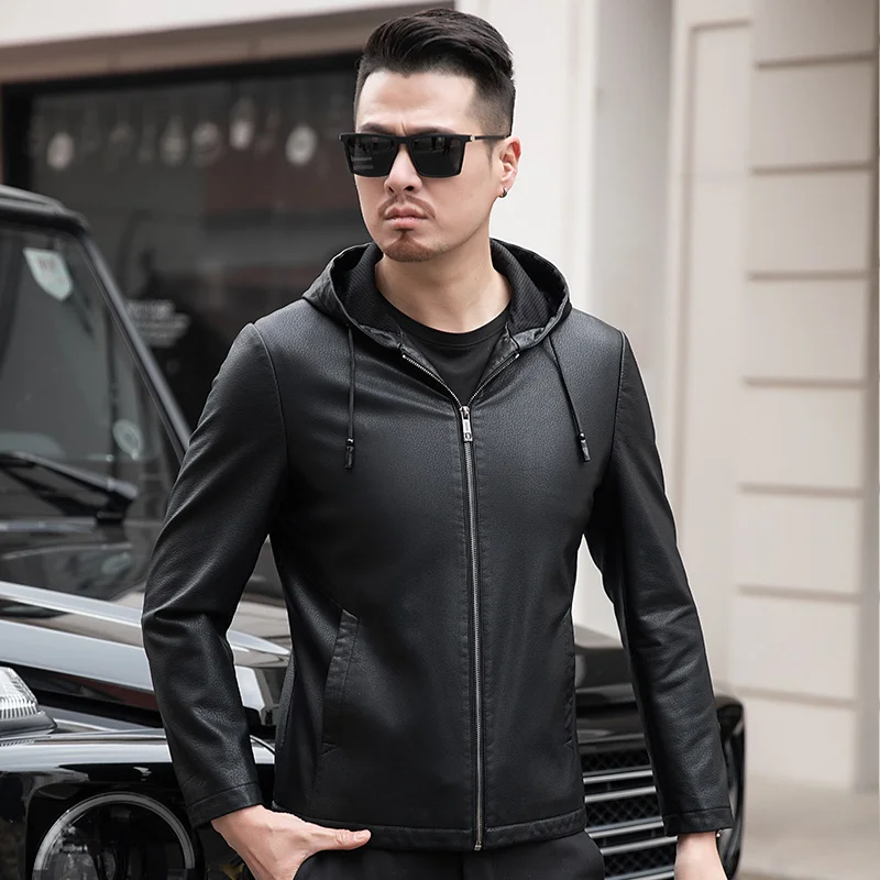 

Men's Thin YN-2261 Autumn Youth Leather Jacket Plus Velvet Hooded Casual Wear Fashion Printing