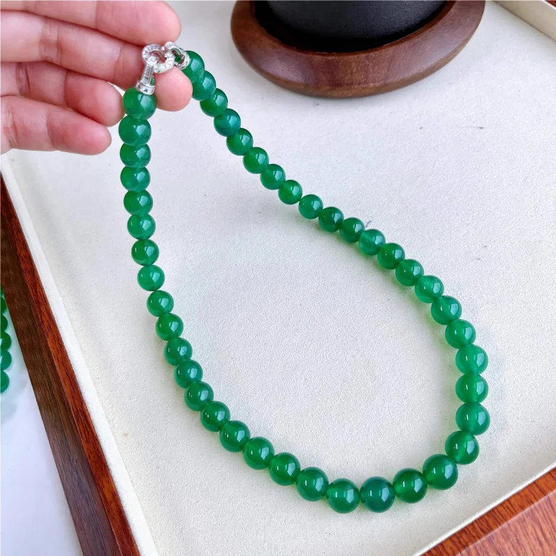 45 Cm925 Silver 10mm Natural Chalcedony Agate Comparable to Yang Green Jade Necklace Women All-Match