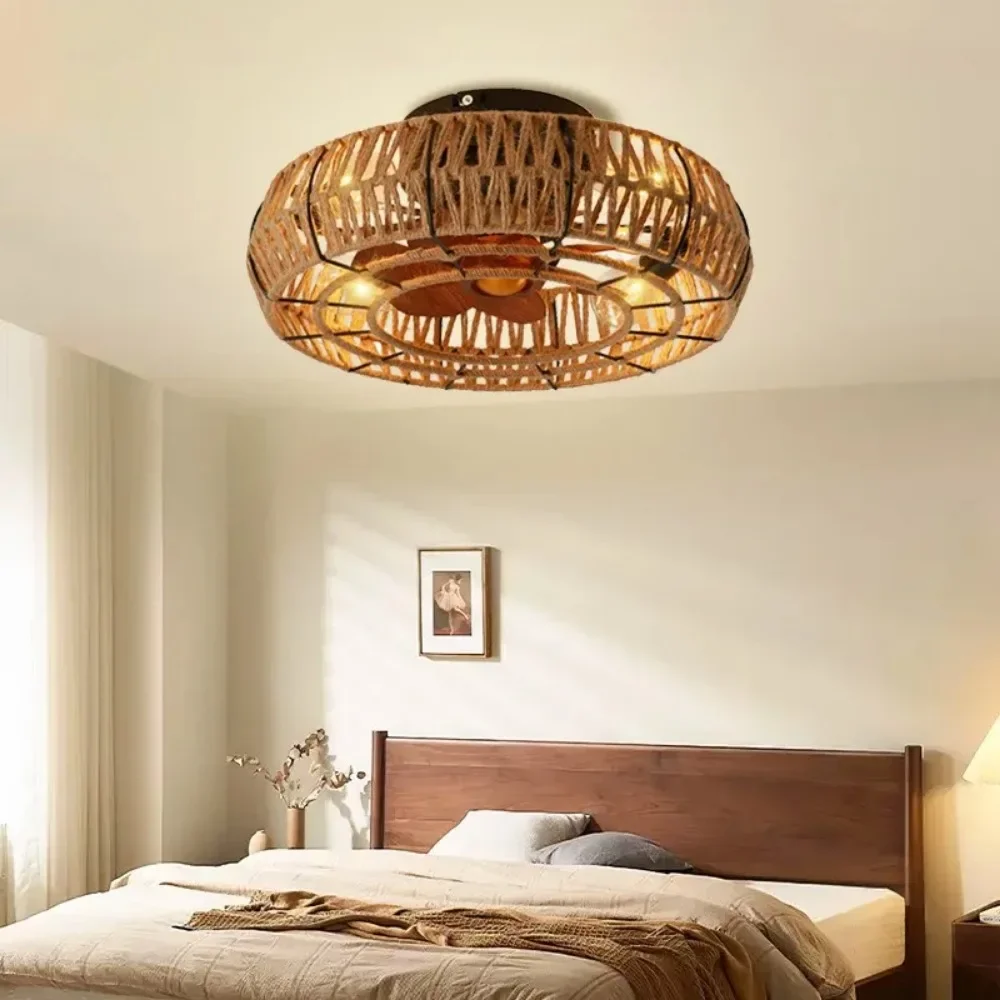 Hemp Rope Invisible Electric Fan Light Frequency Conversion Bedroom Dining Room Living Room Simple Woven LED Ceiling Light