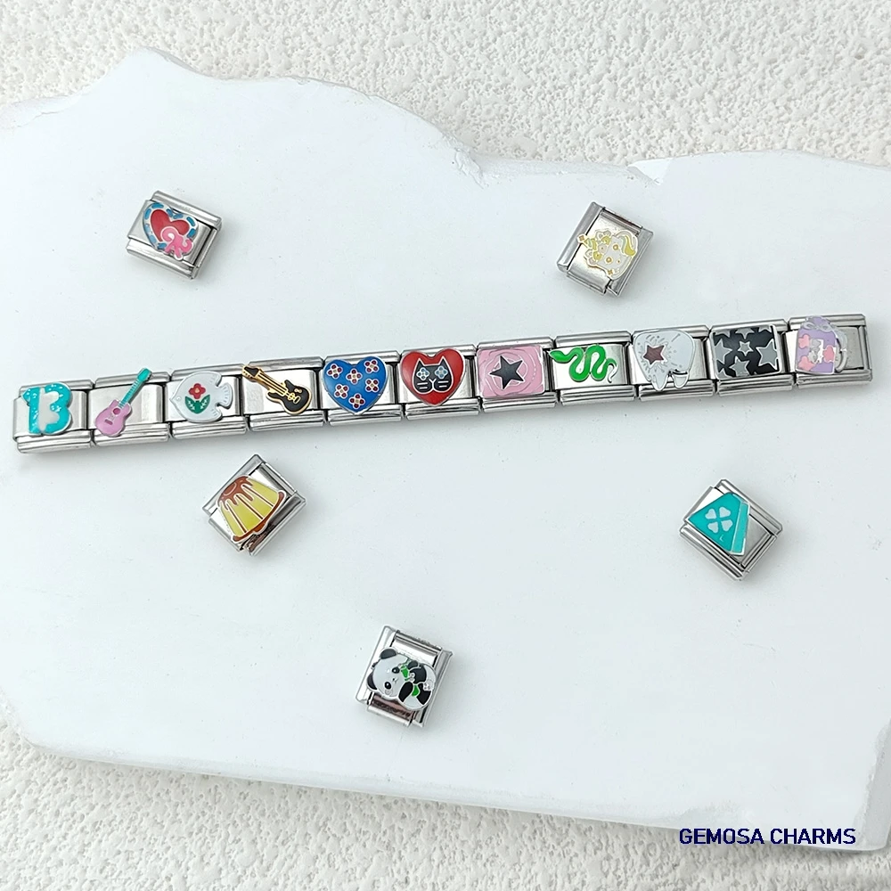 GEMOSA Silberfarbene Herzzahl Stern Violine Fisch Schlange ​ Italienischer Charm-Link für die Herstellung von 9 mm DIY-Edelstahl-Schmuckarmbändern – Detail 2