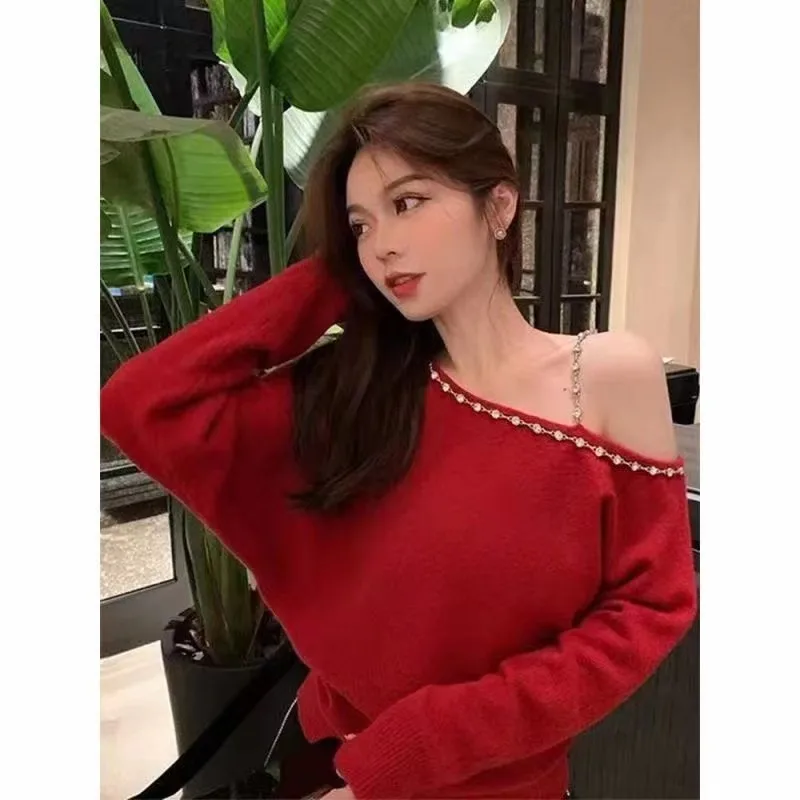 أوائل الخريف 2024 الكورية Sle المرأة محبوك سترة oulder عارية رقيقة ربيع الخريف موسم عادية Faion الدفء الفذ