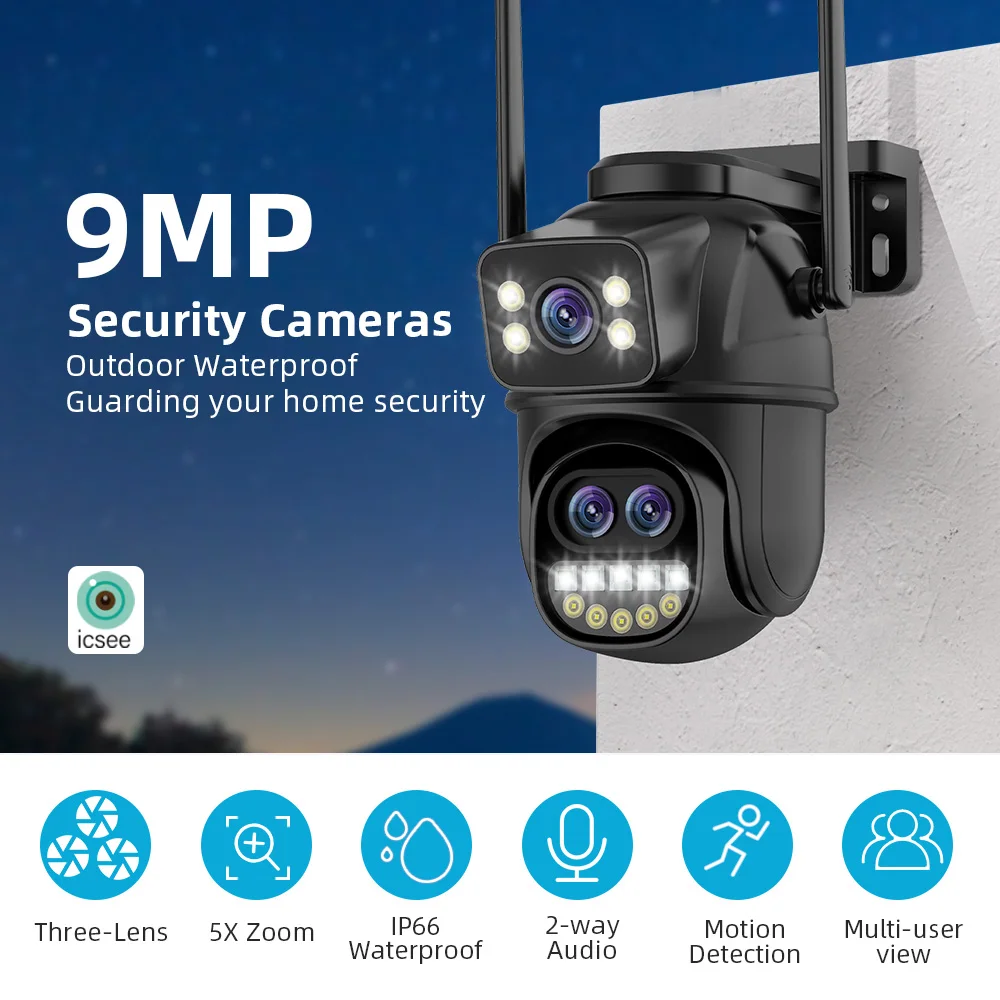 Wifi Surveillance PTZ Camera Three Lens IP66 Security Protection Cameras 9MP Wireless Outdoor IP Camera Human Detection ICSEE