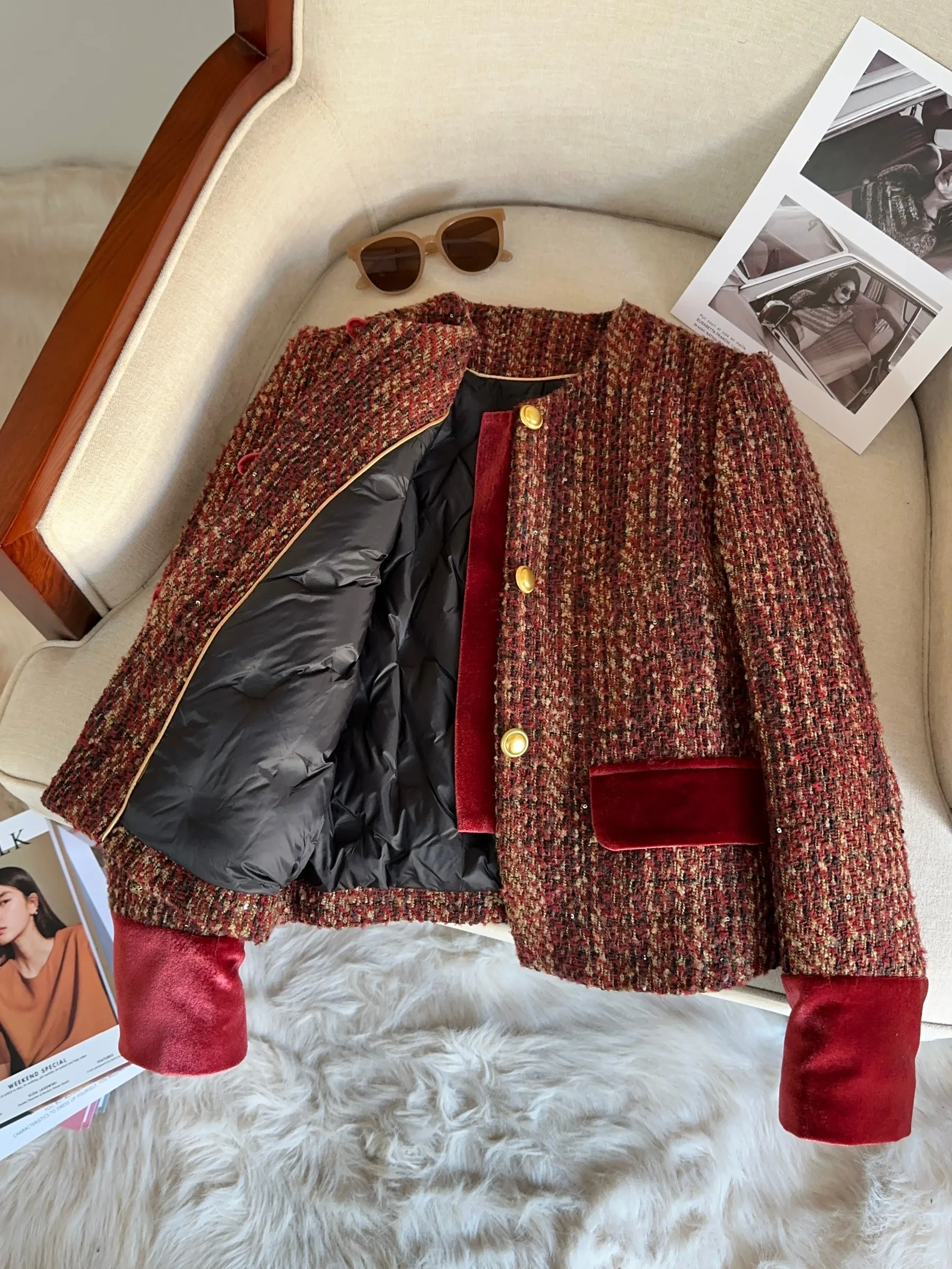 

Красное пальто-жакет женское осенне-зимнее, новое, в китайском стиле, на пуговицах, из тонкой ткани, длинное, с круглым вырезом, модель A7...