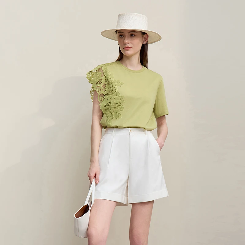 Amii T-shirt 2026 Summer New O-Neck Moisture-Wicking Cotton Tee Asymmetric Lace Loose Short Sleeve T-shirts For Women 12642023