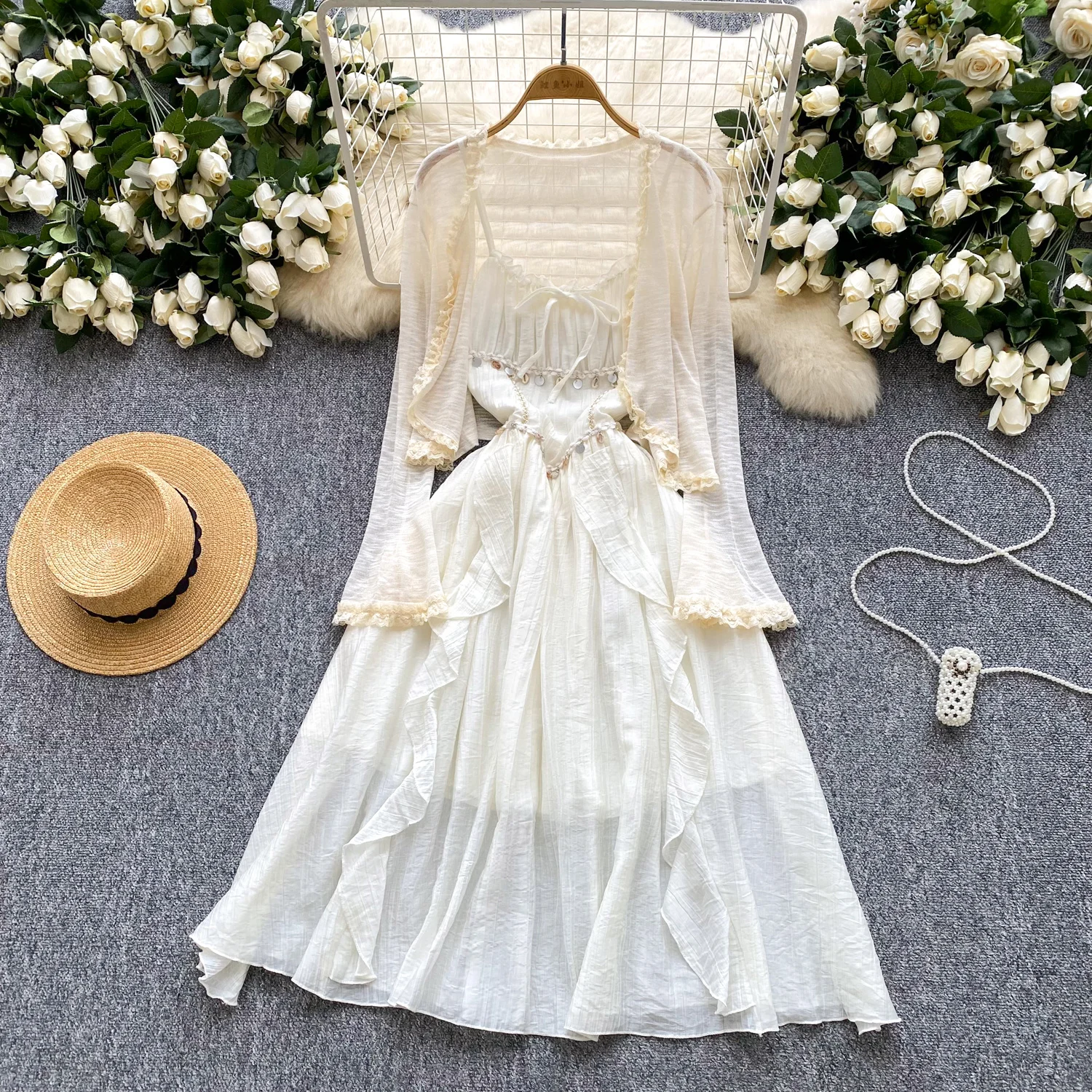 

Women Vintage Two Pieces Skirt Sets Women Long Sleeve Sexy mesh sweet Blouse Top and High Waist Hip Wrap Skirt