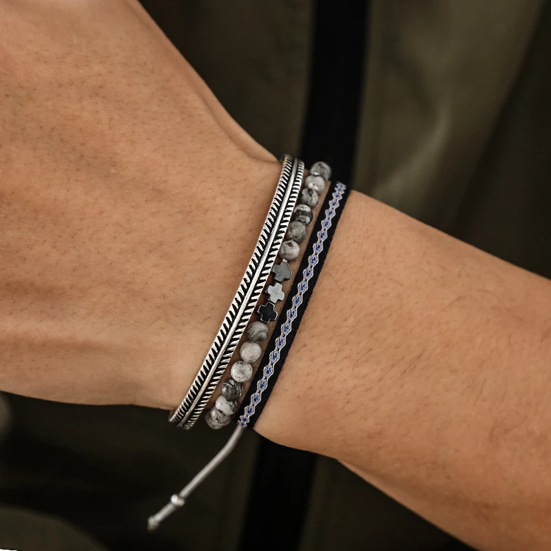 New Fashion 925 Tibetan Silver C-Bangle Beaded Handmade Rope Adjustable Bracelet Set Lover Friendship Simple Jewelry Gifts