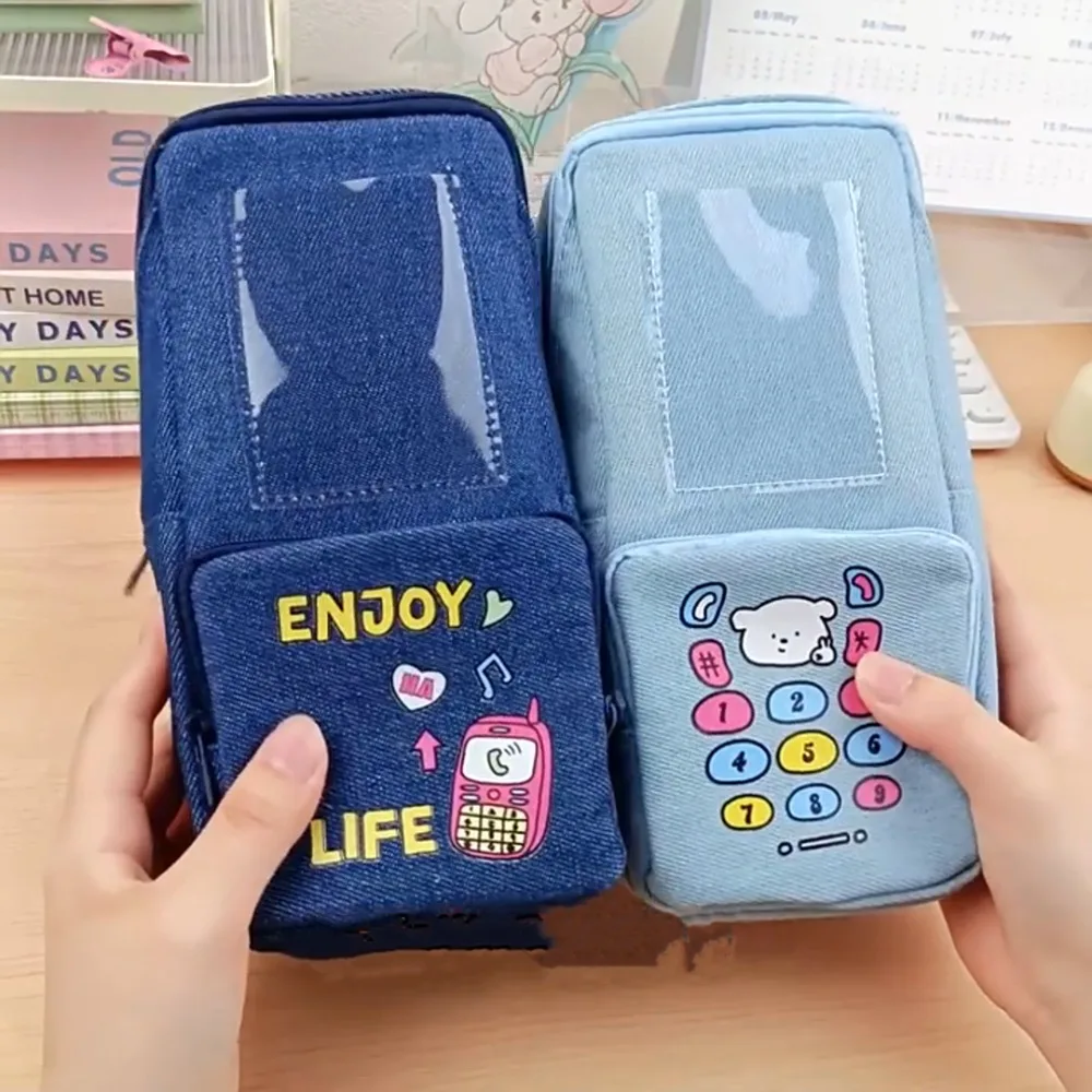 Kawaii джинсовая сумка-карандаш, многослойный пенал большой емкости, фотодисплей, сумка для хранения канцелярских принадлежностей на молнии, школьные принадлежности