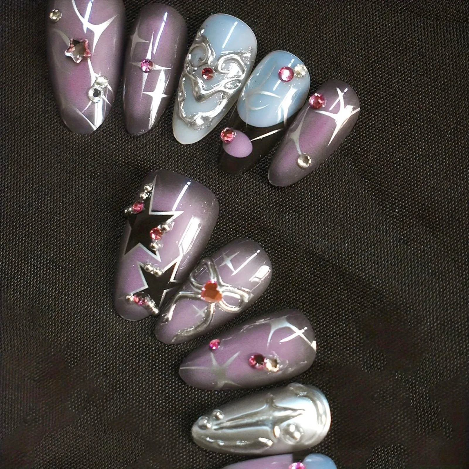 10 قطعة Y2K الفتيات اليدوية الصحافة على الأظافر نجمة فضية تصاميم أحمر الخدود الوردي اللوز السحر الأظافر وهمية لامعة الماس ديكور رسومات أظافر #3