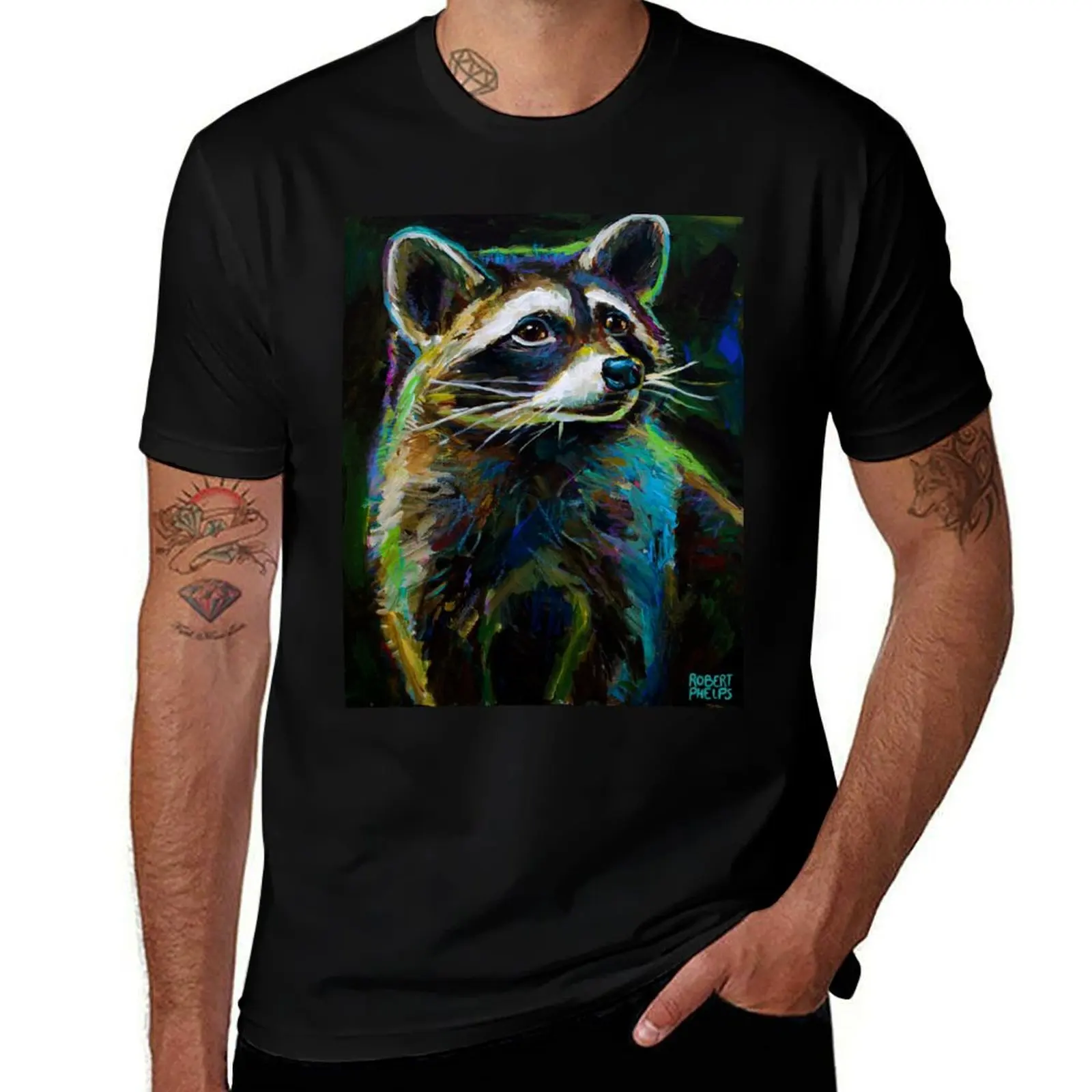 

shirts Painting for cotton men shirt man t shirts t for man Colorful g T-Shirt man heavy t Raccoon soft cotton