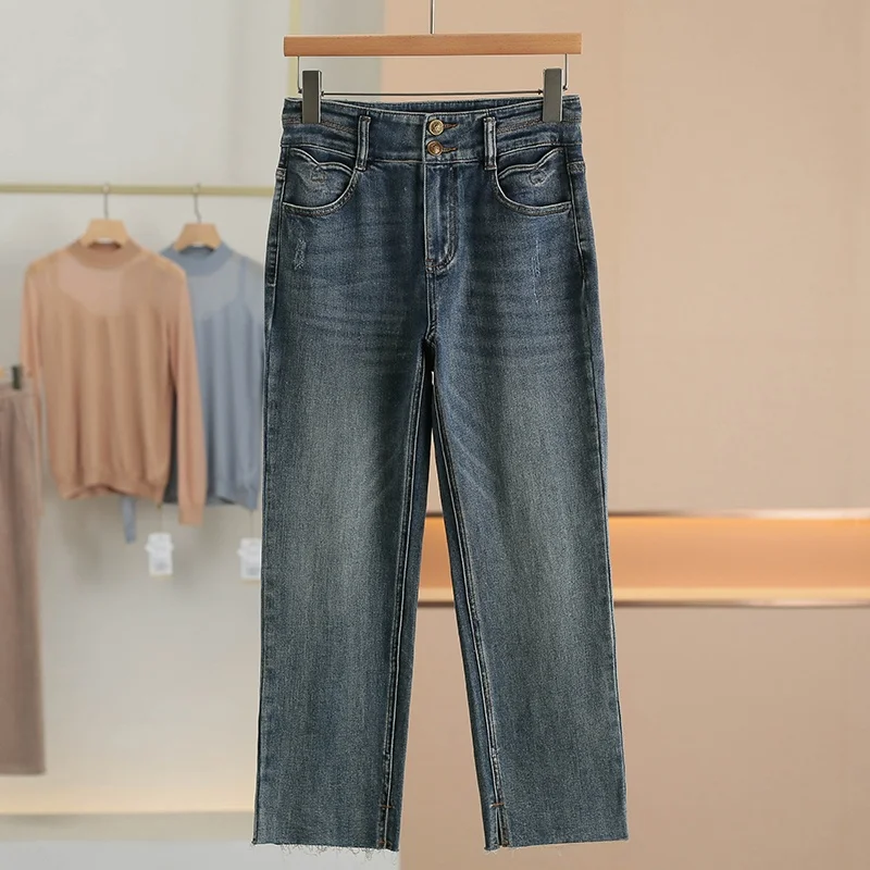 

High Waist Casual Straight Leg Jeans Daily Wear Faded Cotton Spring New Style Women's Jeans Comfortable Fit Zipper Closure