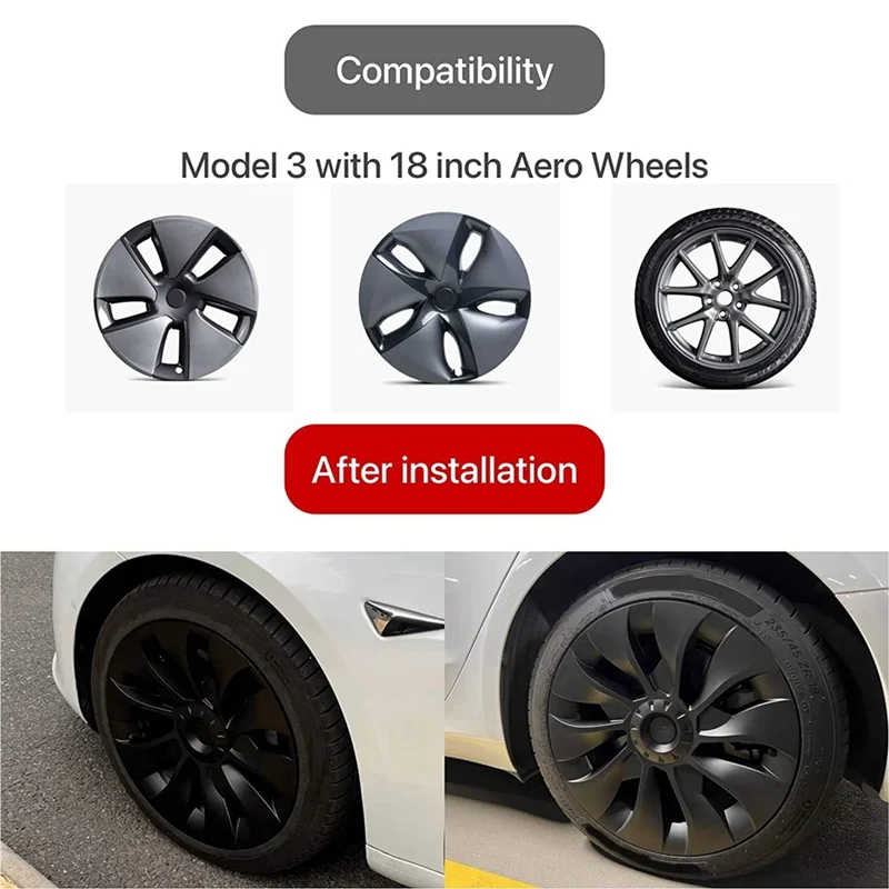Excellent-Model 3 Wheel Cover 18 Inch, Hub Cap Full Cover Replacement Accessories For Tesla Model 3 - Matte Black